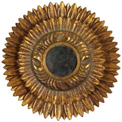 Unique, Spanish, 1930s Baroque Style Giltwood Small Sized Sunburst Mirror