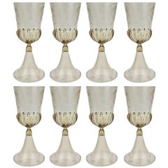 Set of Eight Pauly & Co. Light Amber Etched Venetian Glass Wine or Water Goblets