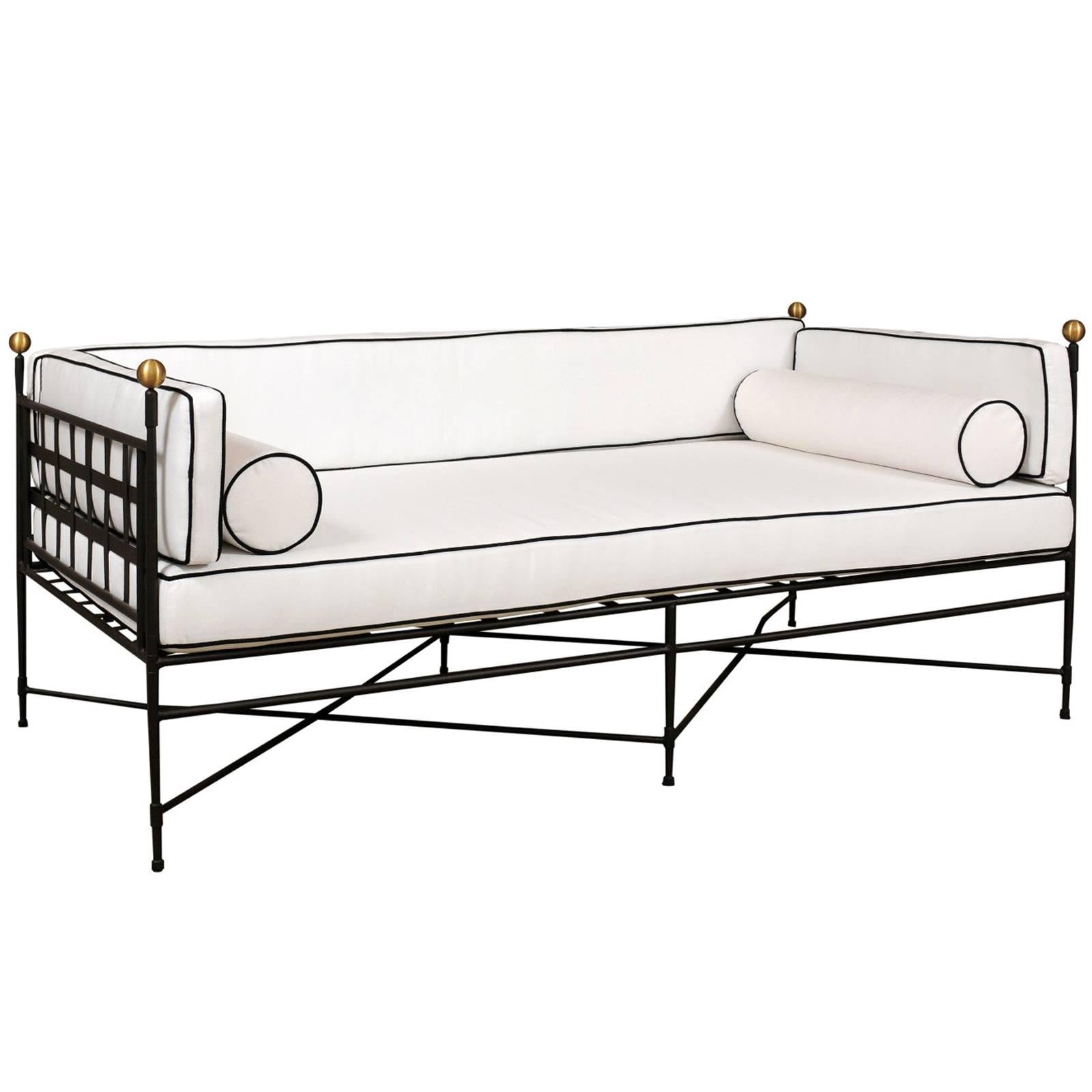 Stainless Steel Upholstered Contemporary Outdoor Sofa of Black and