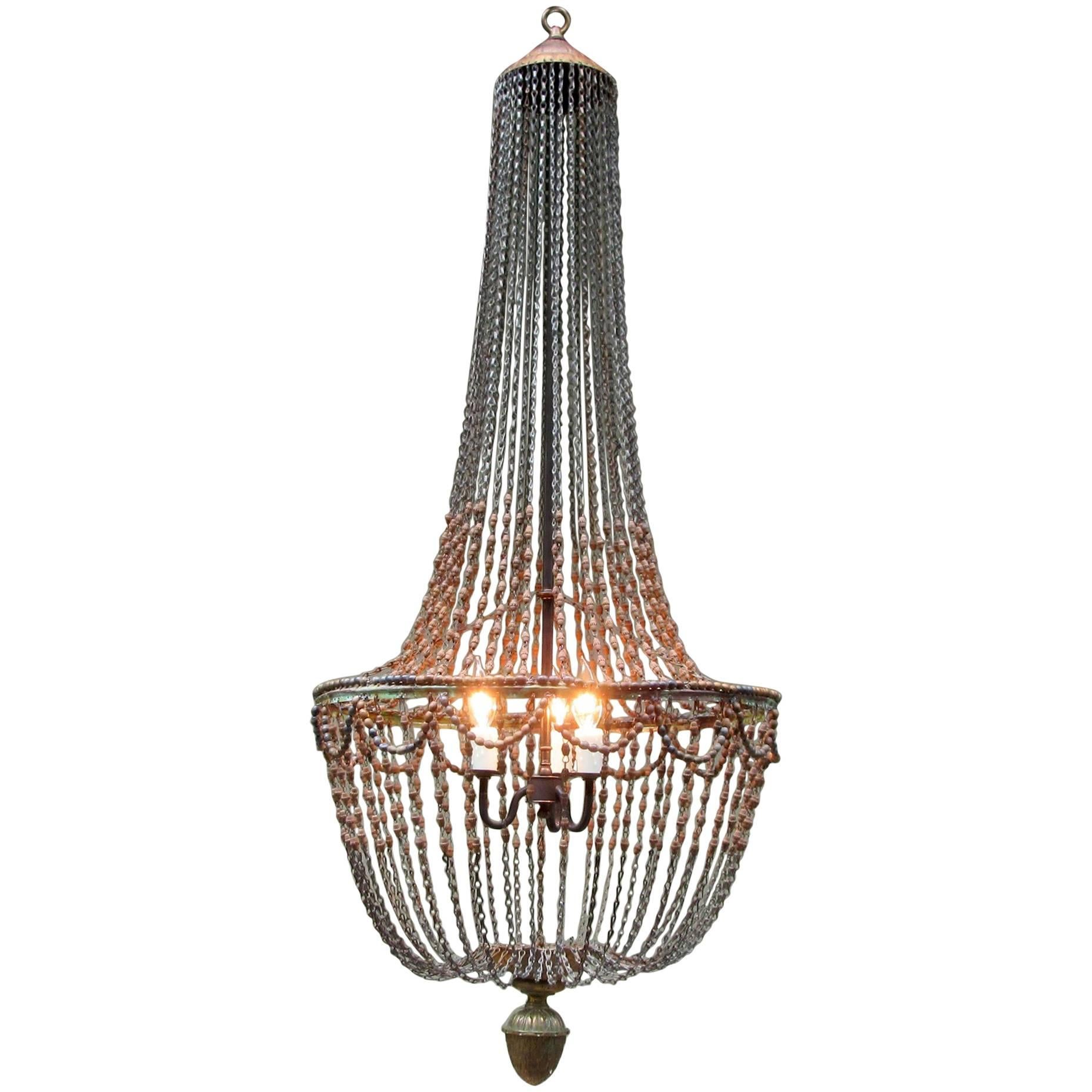 Early 20th Century Italian Empire Hand-Carved Wood Bead Chandelier with Pinecone