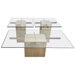 Travertine Marble and Glass Coffee Table and Side Tables by Artedi, Italy