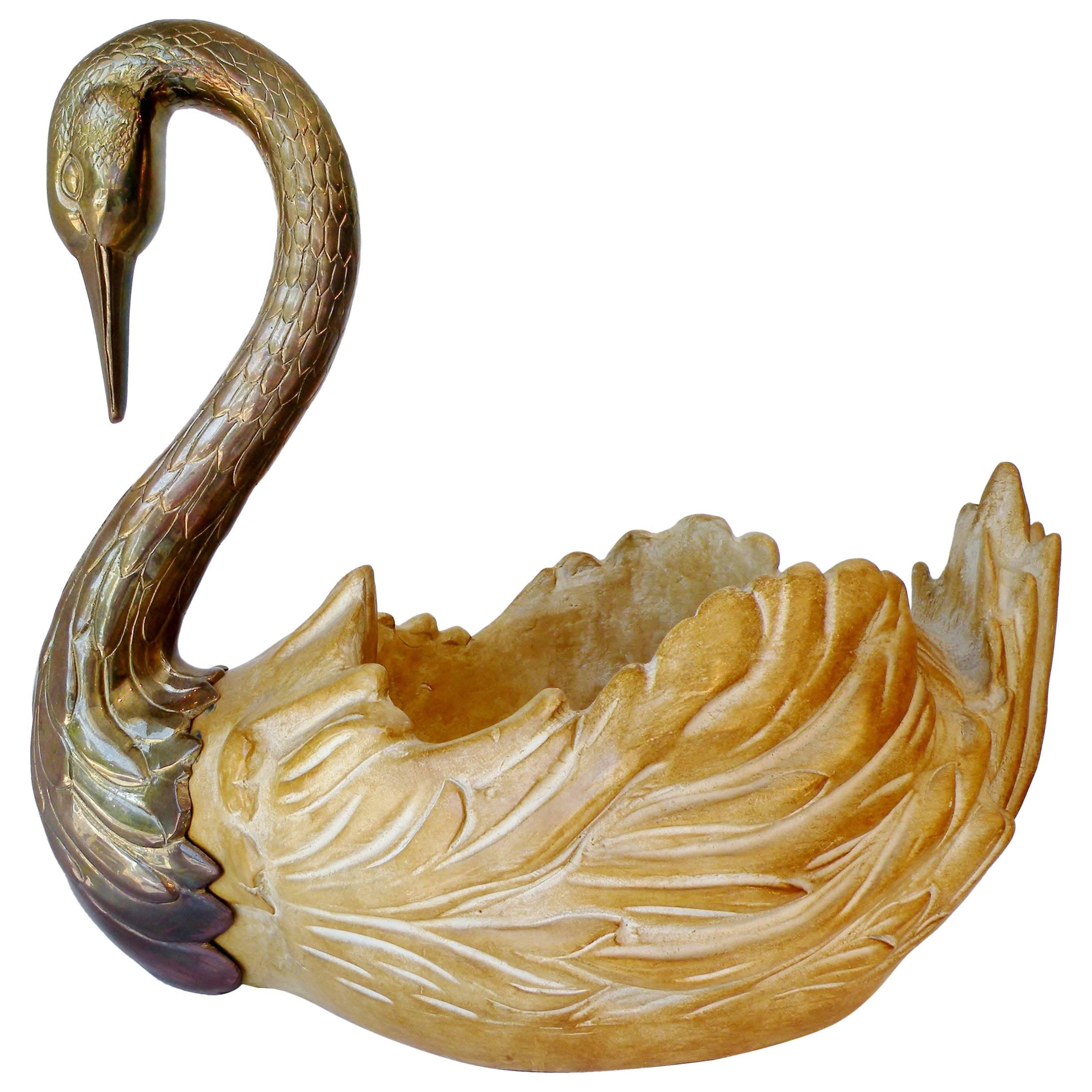 Hollywood Regency Brass Chapman Accessories Swan Centerpiece Bowl
