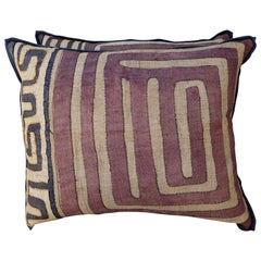 Pair of Aubergine and Wheat African Kuba Pillows