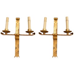 Pair of Two-Arm Gilded Iron Sconces from Barcelona