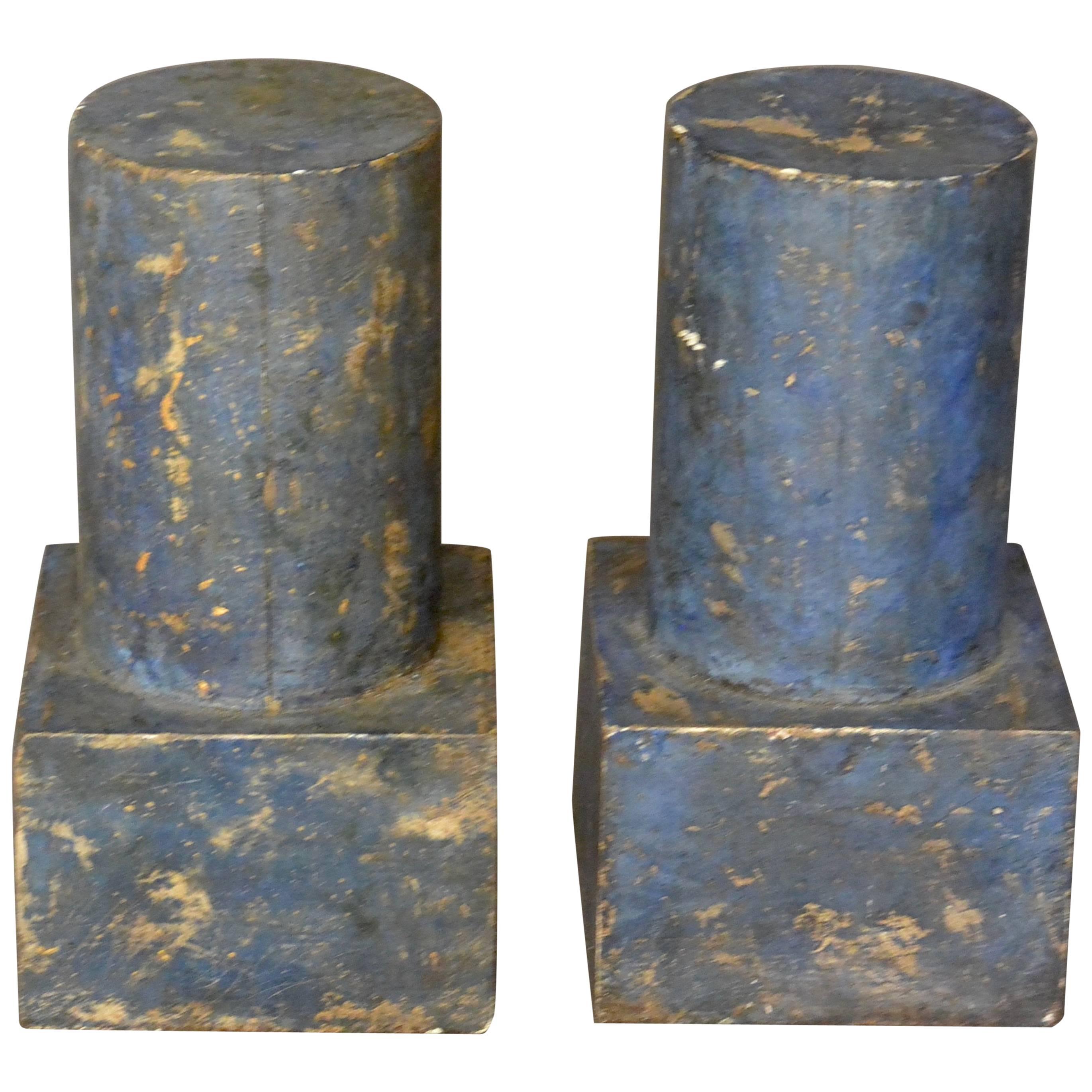 Pair of Decorative Blue Painted Italian Small Mahogany Pedestals For Sale