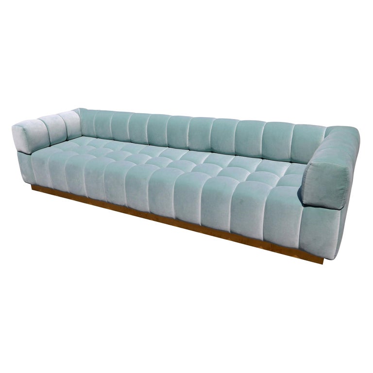Custom Tufted Aqua Blue Velvet Sofa With Brass Base By Adesso Imports For At 1stdibs Custom Tufted Aqua Blue Velvet Sofa, Tufted Aqua Blue Velvet Sofa