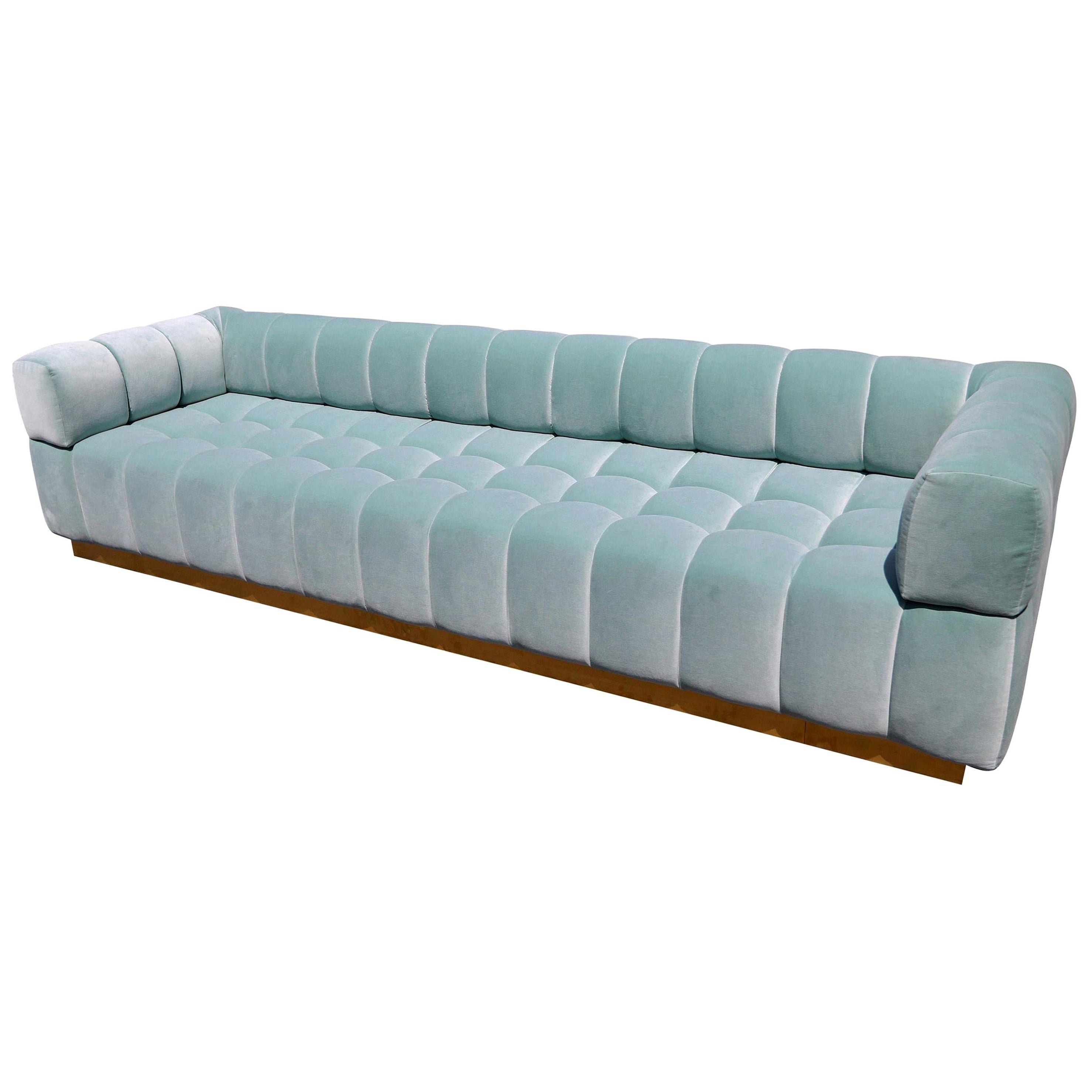 Custom Tufted Aqua Blue Velvet Sofa with Brass Base by Adesso Imports