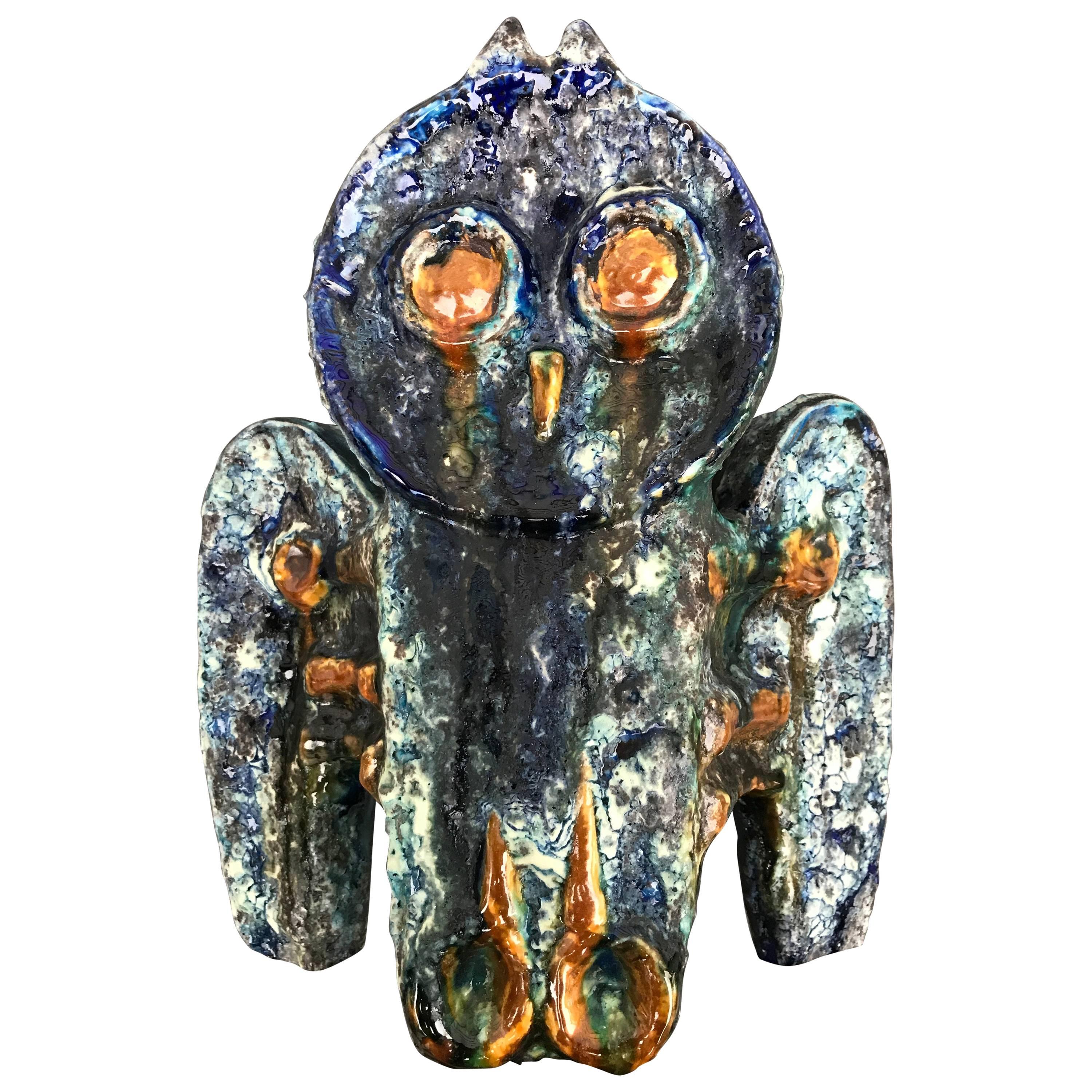 Big Blue Owl Sculpture Handmade and Hand Glazed