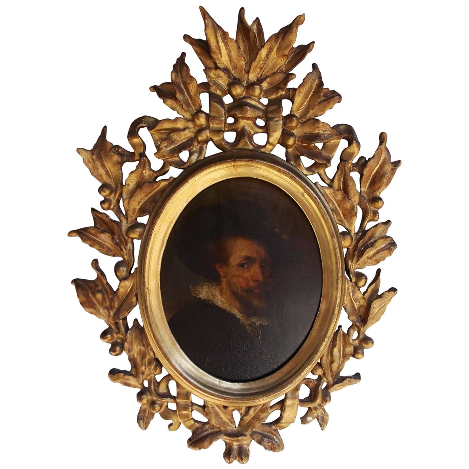 Italian Oval Oil on Board Gilt Carved Wood Portrait of a Gentleman, Circa 1770