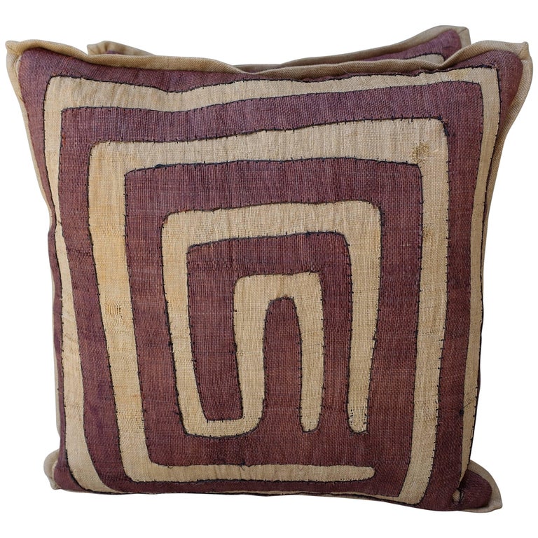 Aubergine And Wheat Colored Kuba Cloth Pillows Pair For Sale At