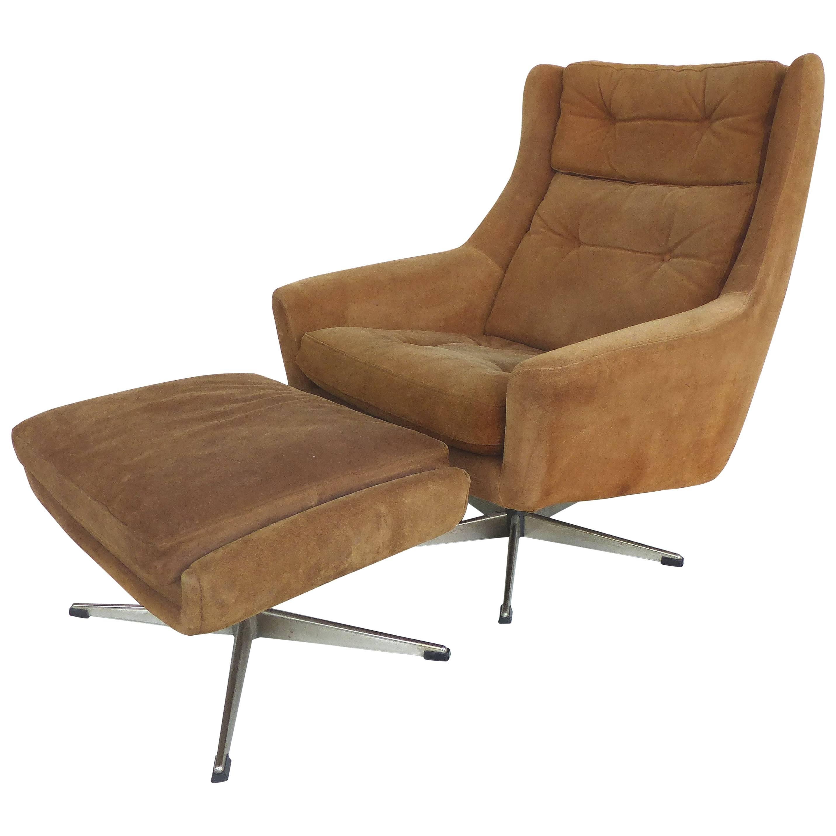 Danish Mid-Century Suede Swivel Chair with Ottomans from John Stuart