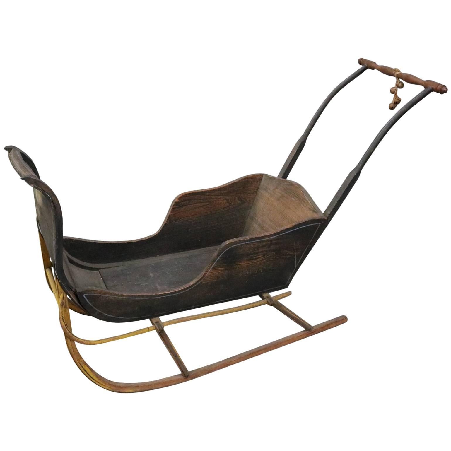 Antique Child's Push Sled with Original Finish and Hand-Painted Details