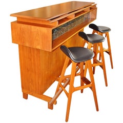 Erik Buch Teak Dry Bar and Three Bar Stools, Danish Modern 3