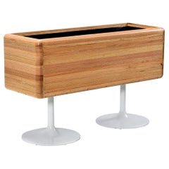 Large Mid-Century Modern Solid Oak Planter on Tulip Bases with Metal Insert