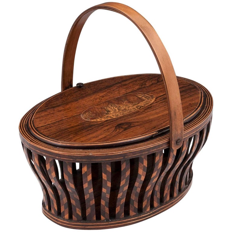 Antique Sewing Basket with shaped Sycamore Handle For Sale at 1stDibs