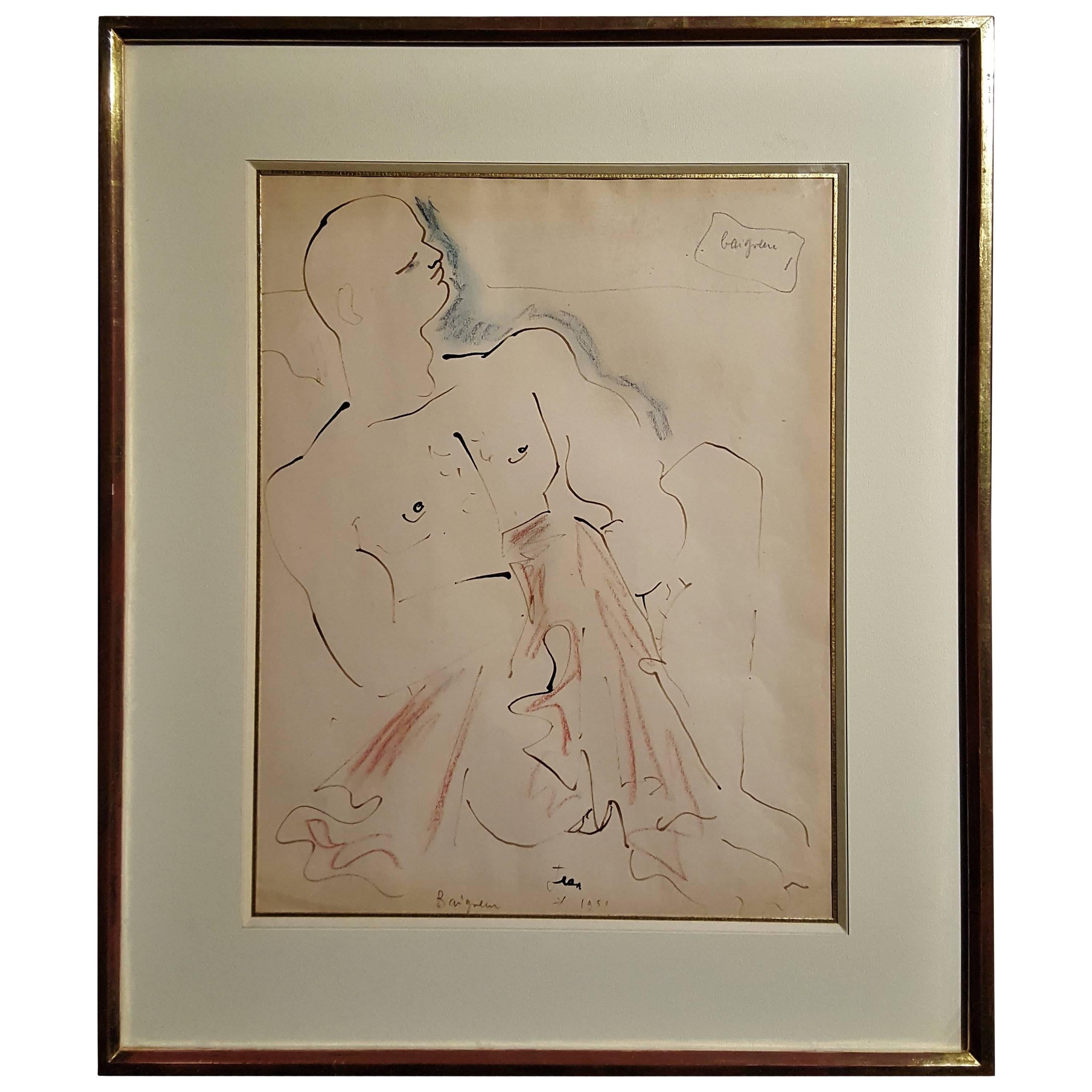 Jean Cocteau "The Bather" Drawing, 1951 For Sale