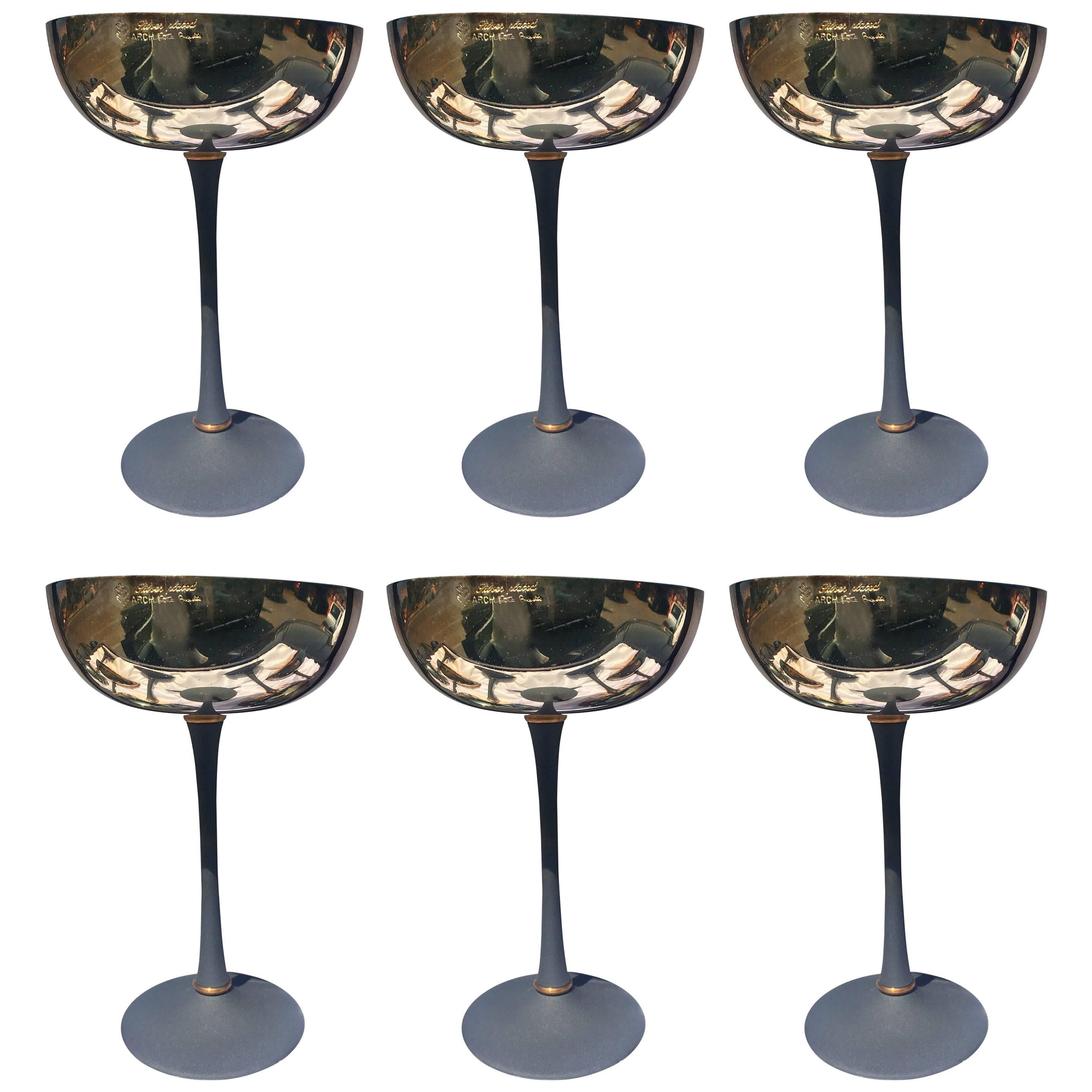 Free Shipping, Designed Six Silver Plated, Chromatic Champagne  Glasses