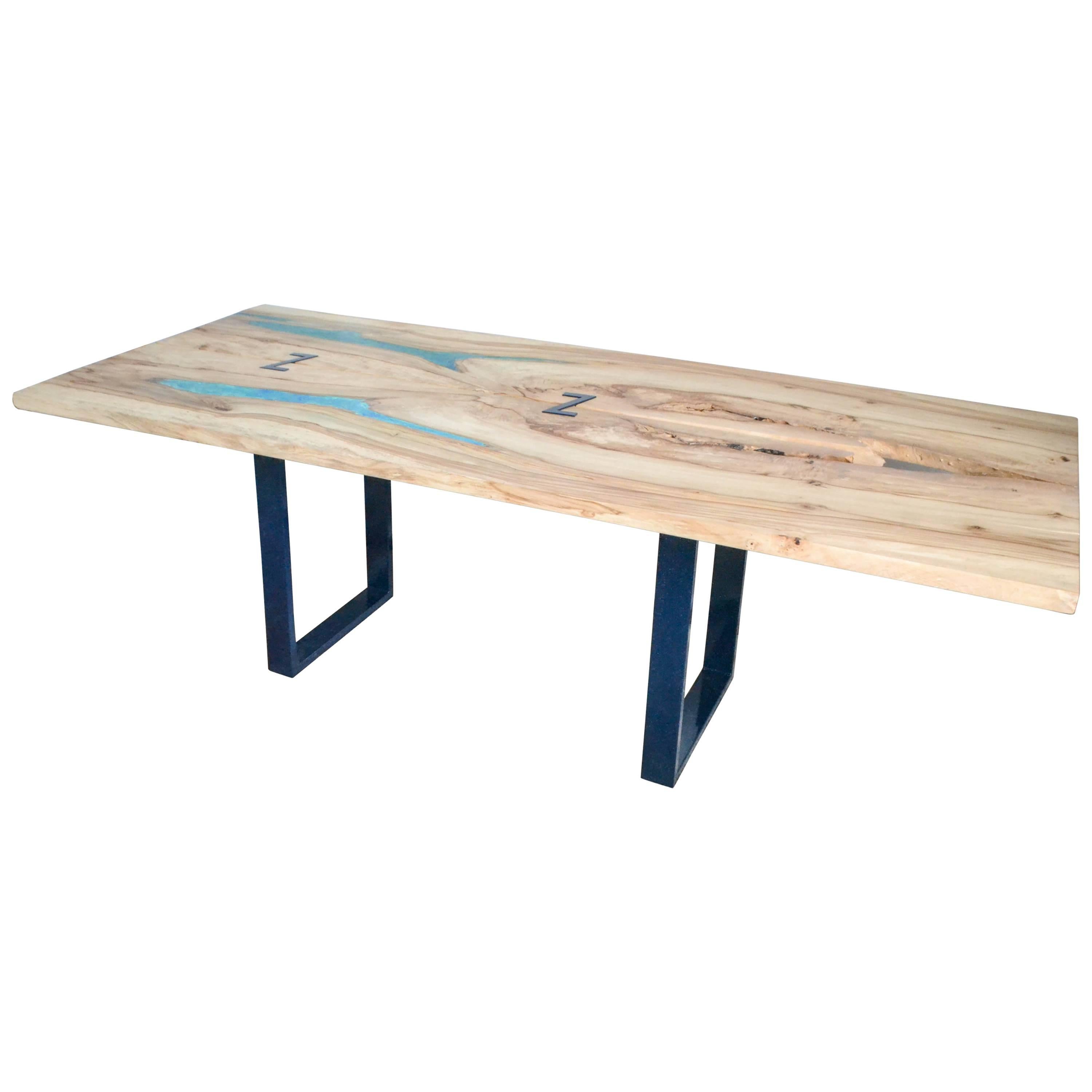 Live Edge Wood and Marbled Resin Dining Table For Sale