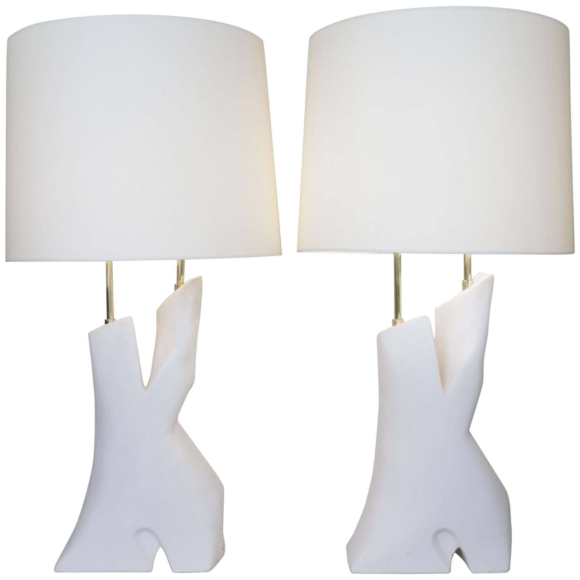Late 20th Century Pair of White Un-Enameled Ceramic Table Lamp by Dorion For Sale