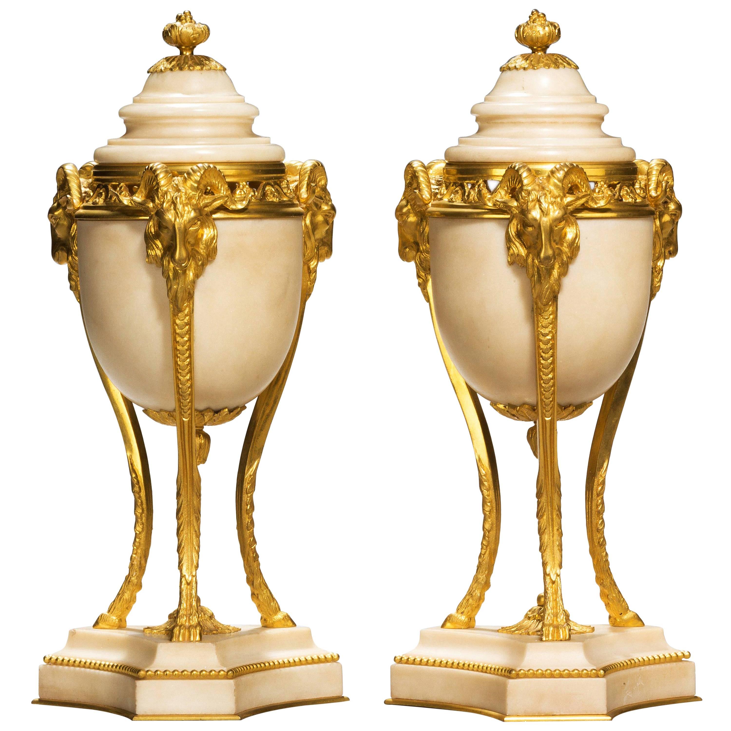 Pair of Early 20th Century French Gilt Bronze and Marble Lidded Vases