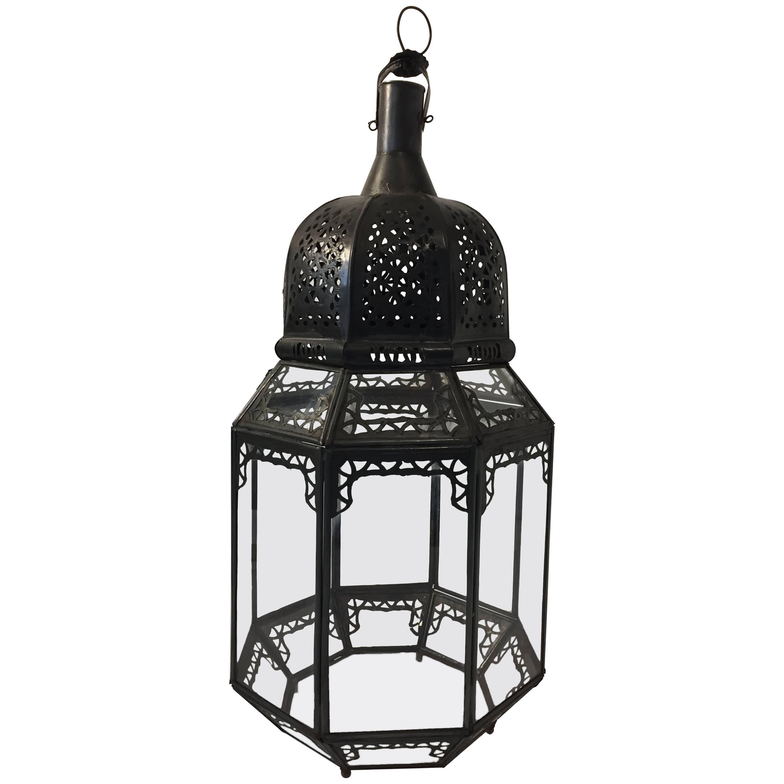 Vintage Moroccan Moorish Octagonal Metal and Glass Candle Lantern For Sale