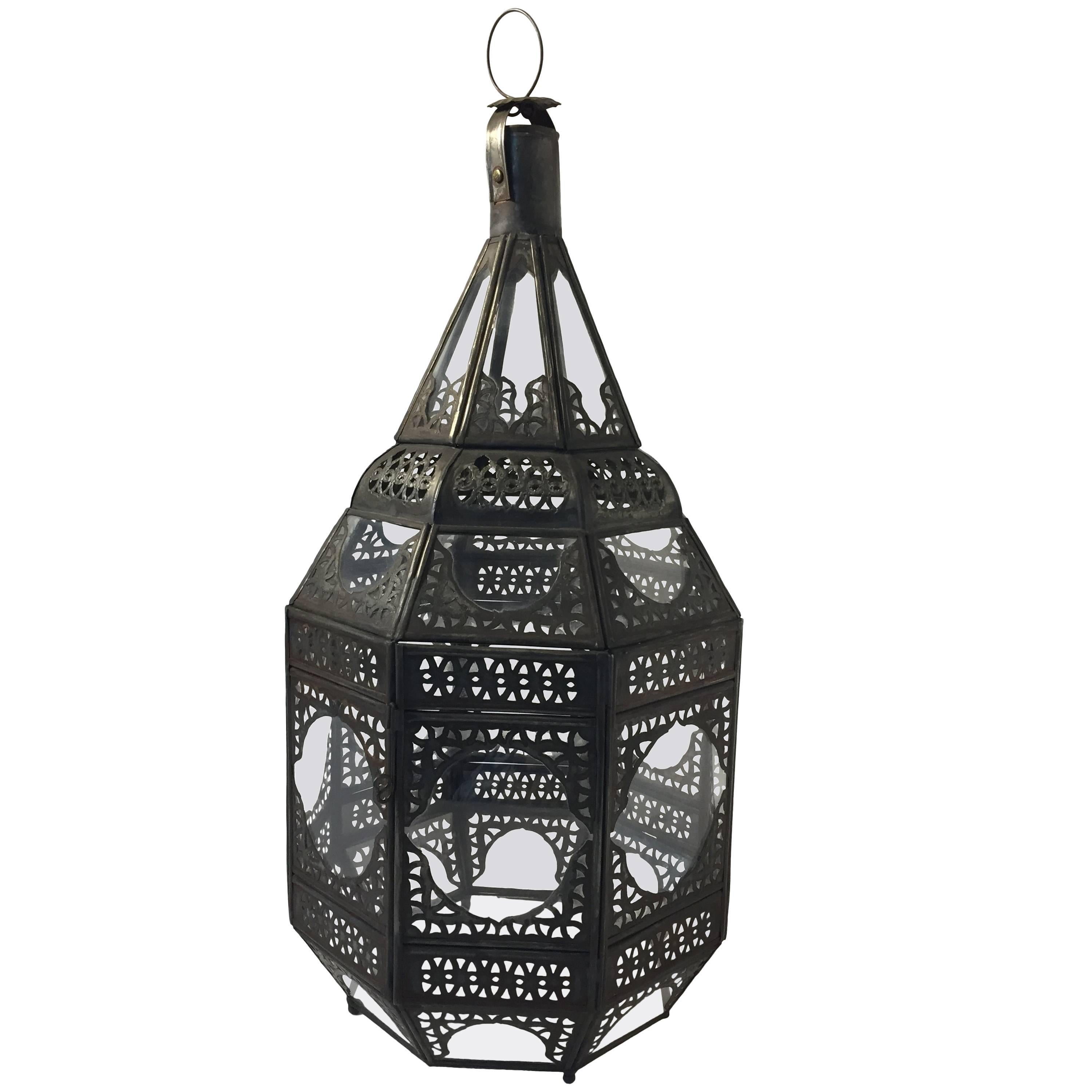 Moroccan Moorish Metal and Clear Glass Candle Lantern For Sale