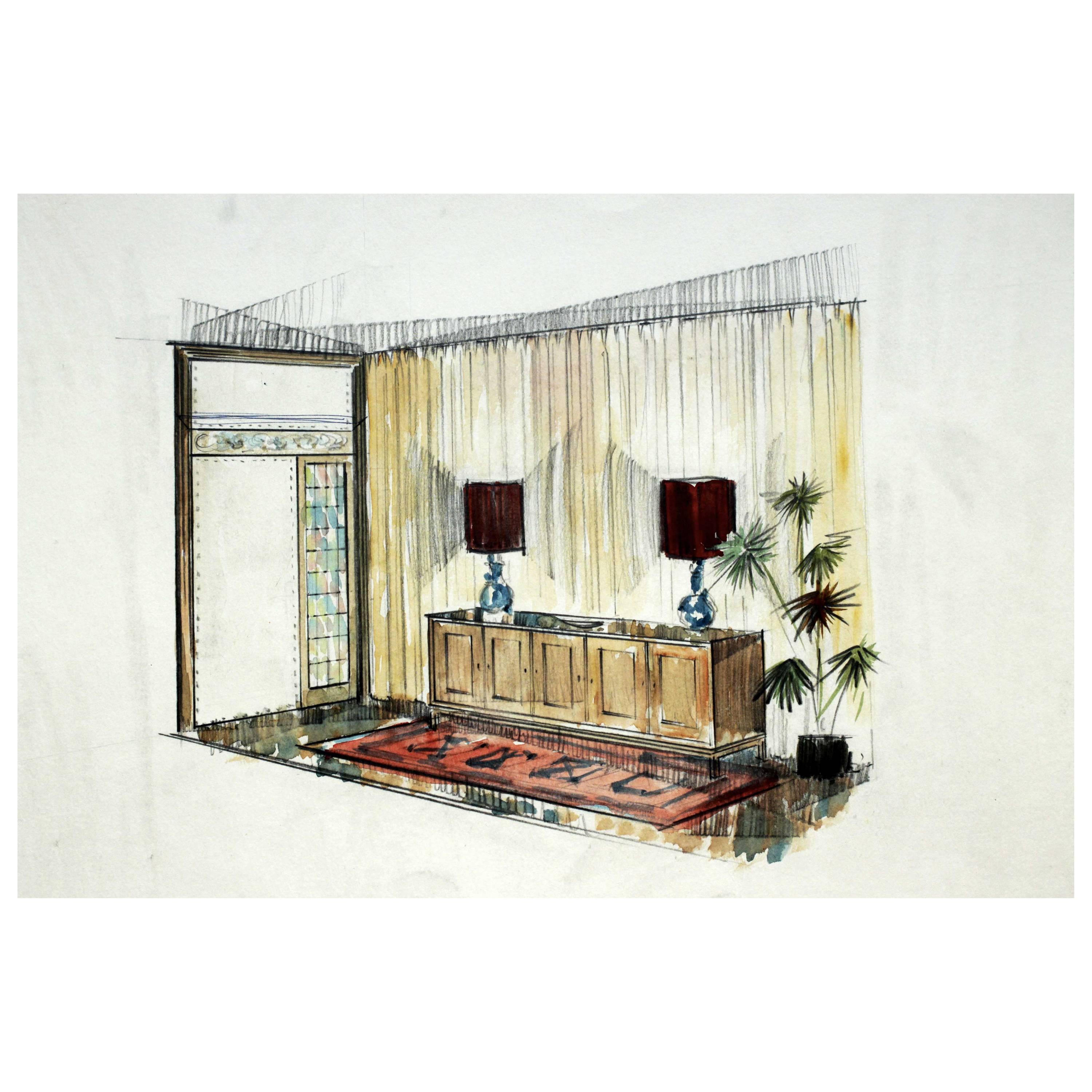 Vintage Interior Designer Sketch, "Pasillo Recibidor" For Sale