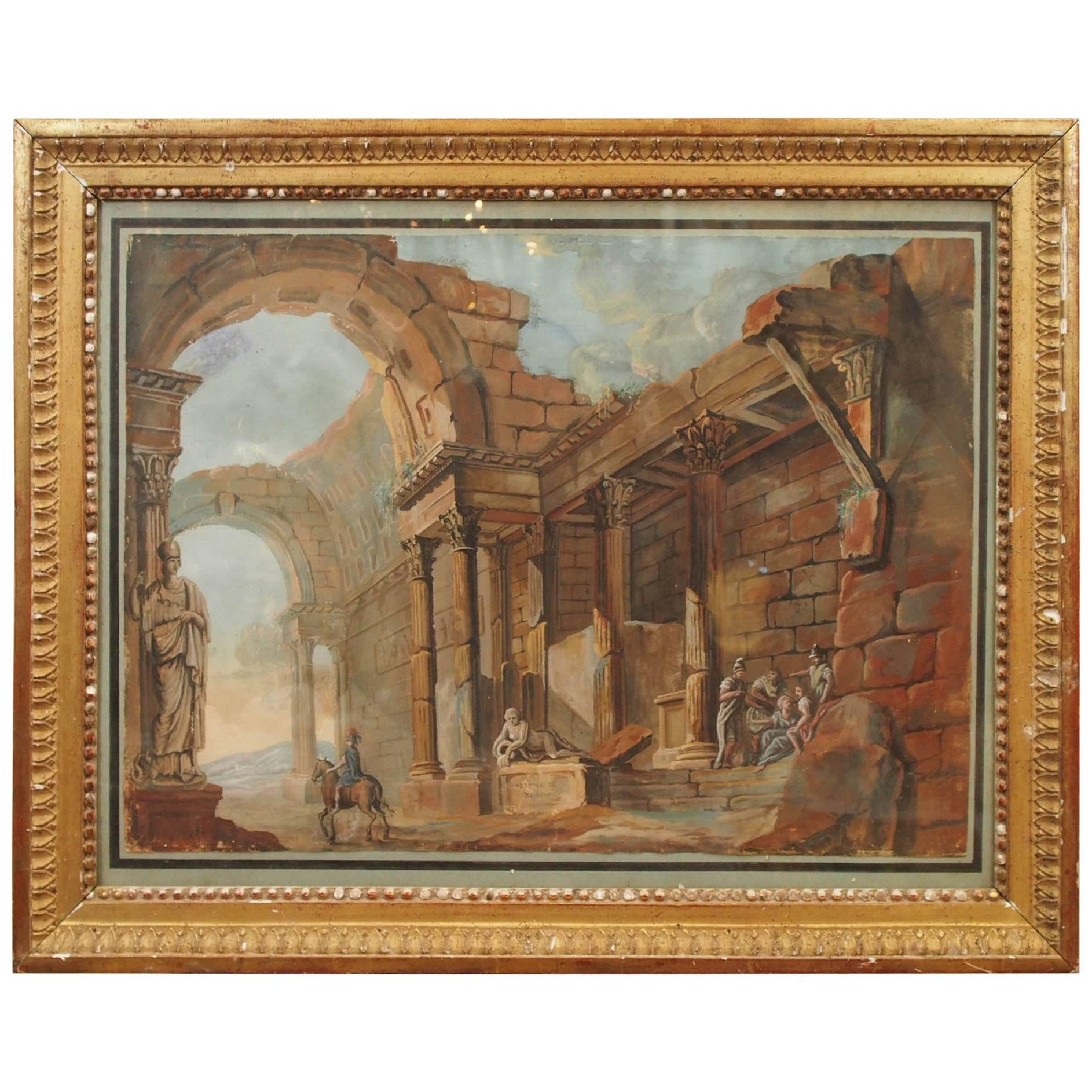 19th Century Gouache of Classical Ruins in Gilt Frame For Sale