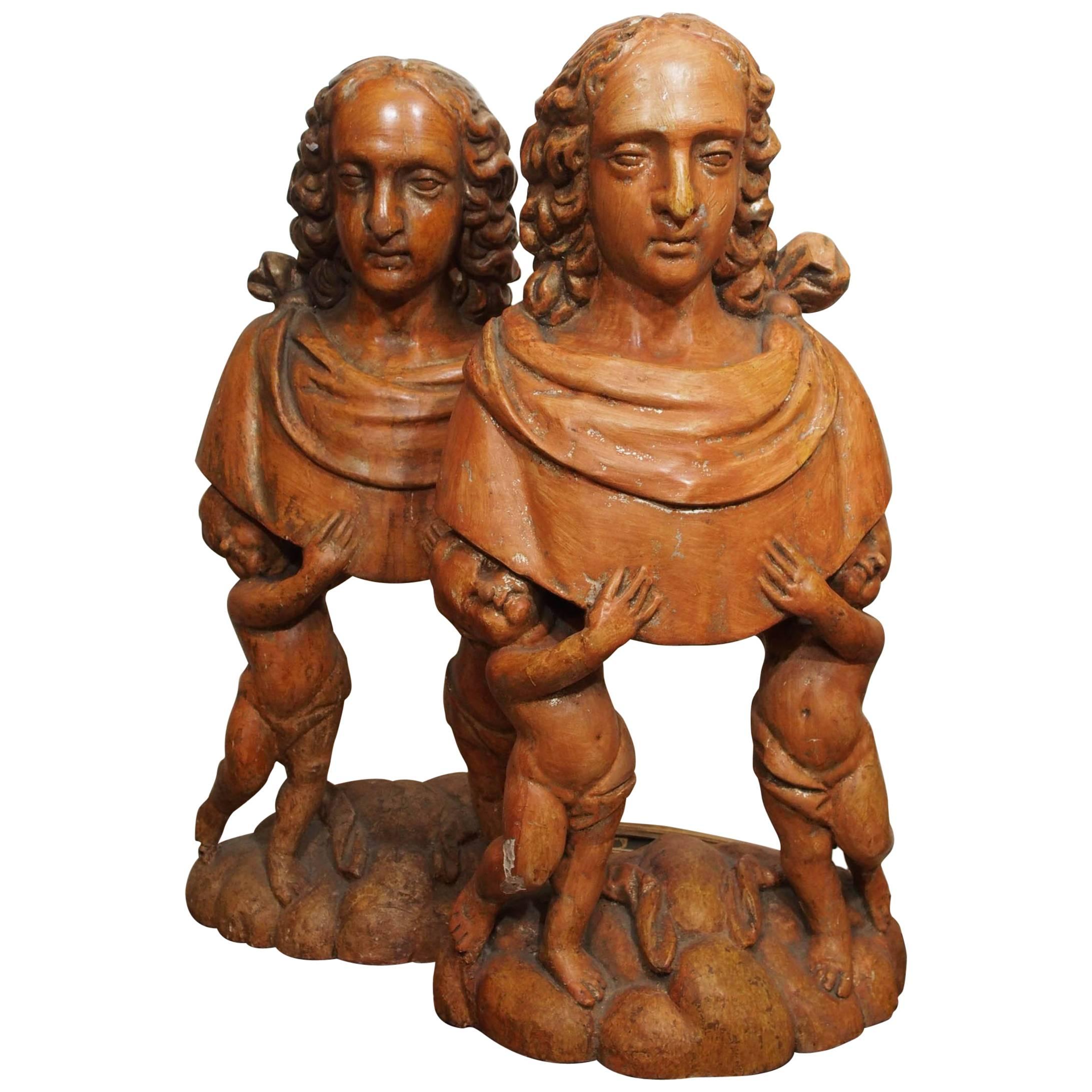 Pair of Carved Wood Italian Figural Reliquaries For Sale