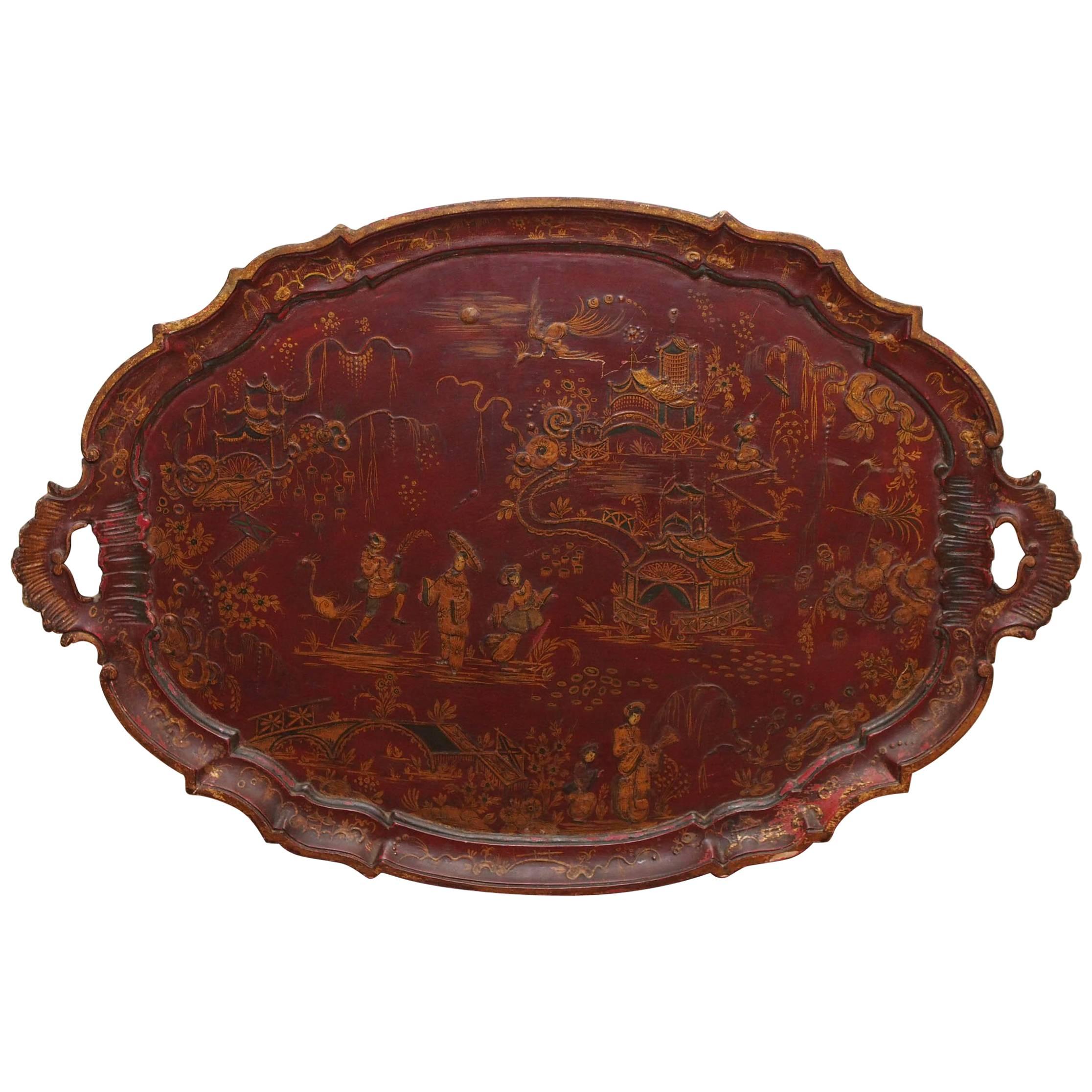 Large Italian Painted Chinoiserie Wooden Tray For Sale