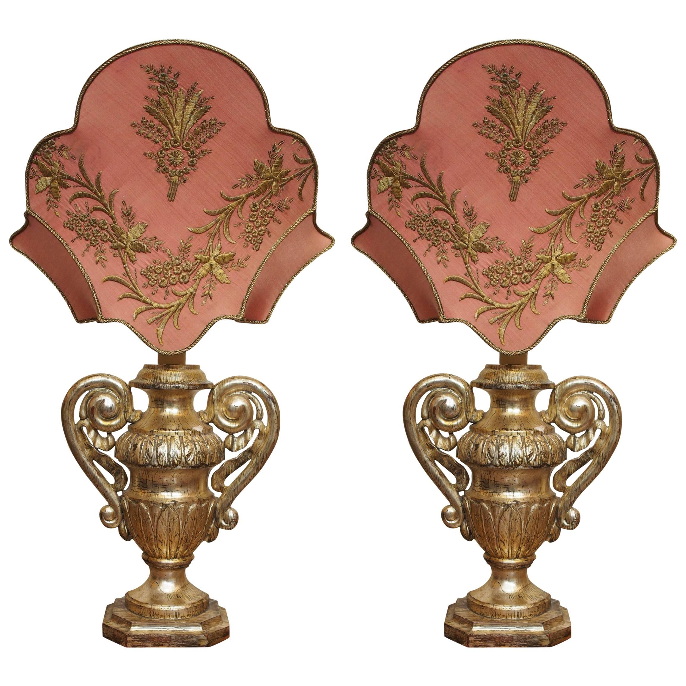 Pair of 19th Century Gilt Italian Urns with 18th Century Gilt Thread For Sale