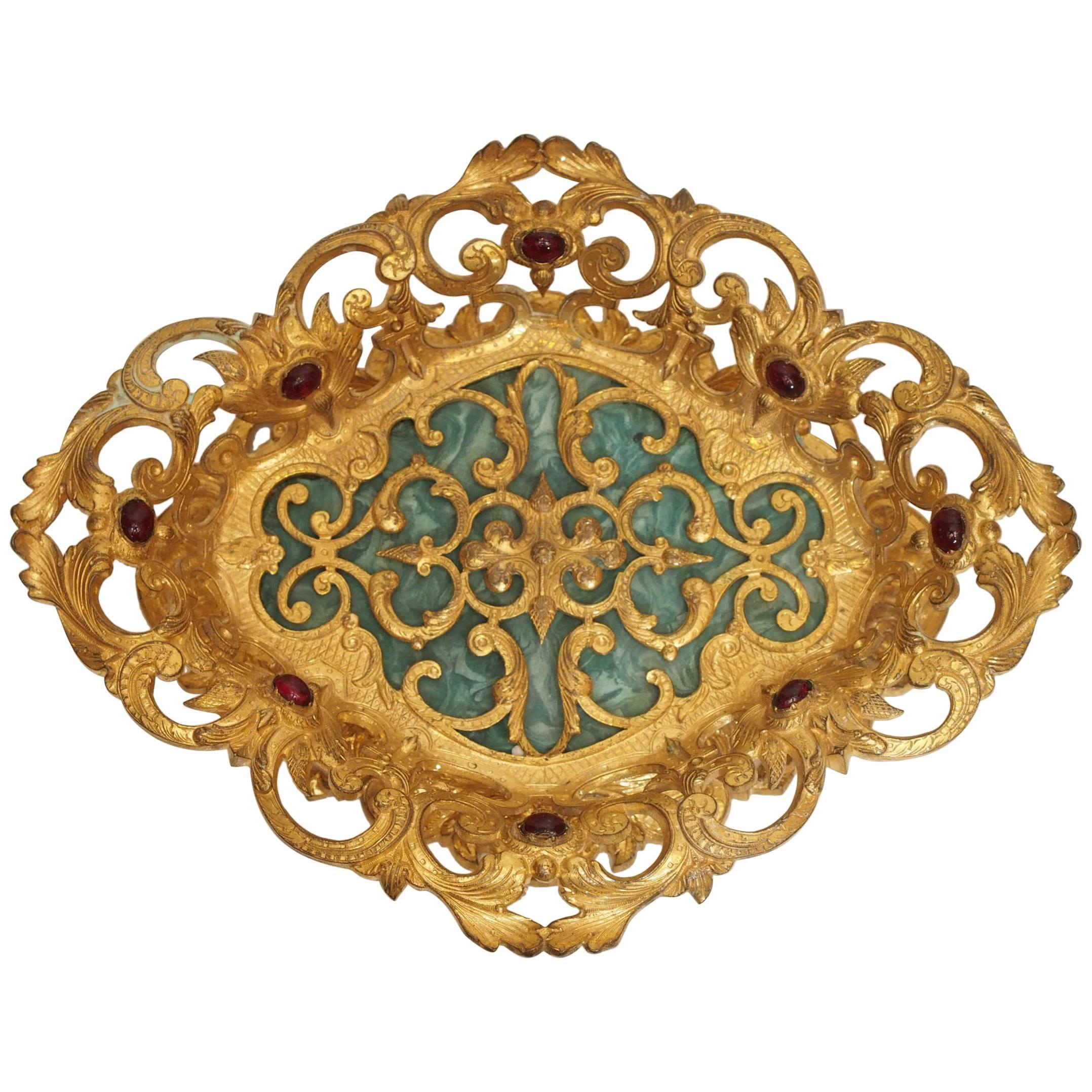 19th Century Italian Gilt Bronze and Jeweled with Malachite Base Tazza For Sale