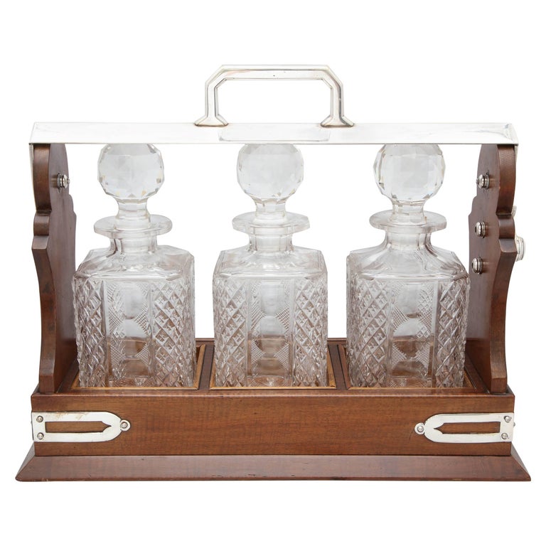 Edwardian Silver Plate-Mounted Wood Three-Bottle Tantalus For Sale