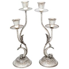  Pair of Art Nouveau Style Continental Silver Dolphin-Form Candlestick