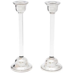 Pair of Mid-Century Modern Sterling Silver-Mounted Crystal Candlesticks