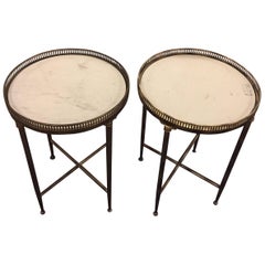 Pair of Metal Base Galleried Marble Top Circular End Tables Bouilliottes 1