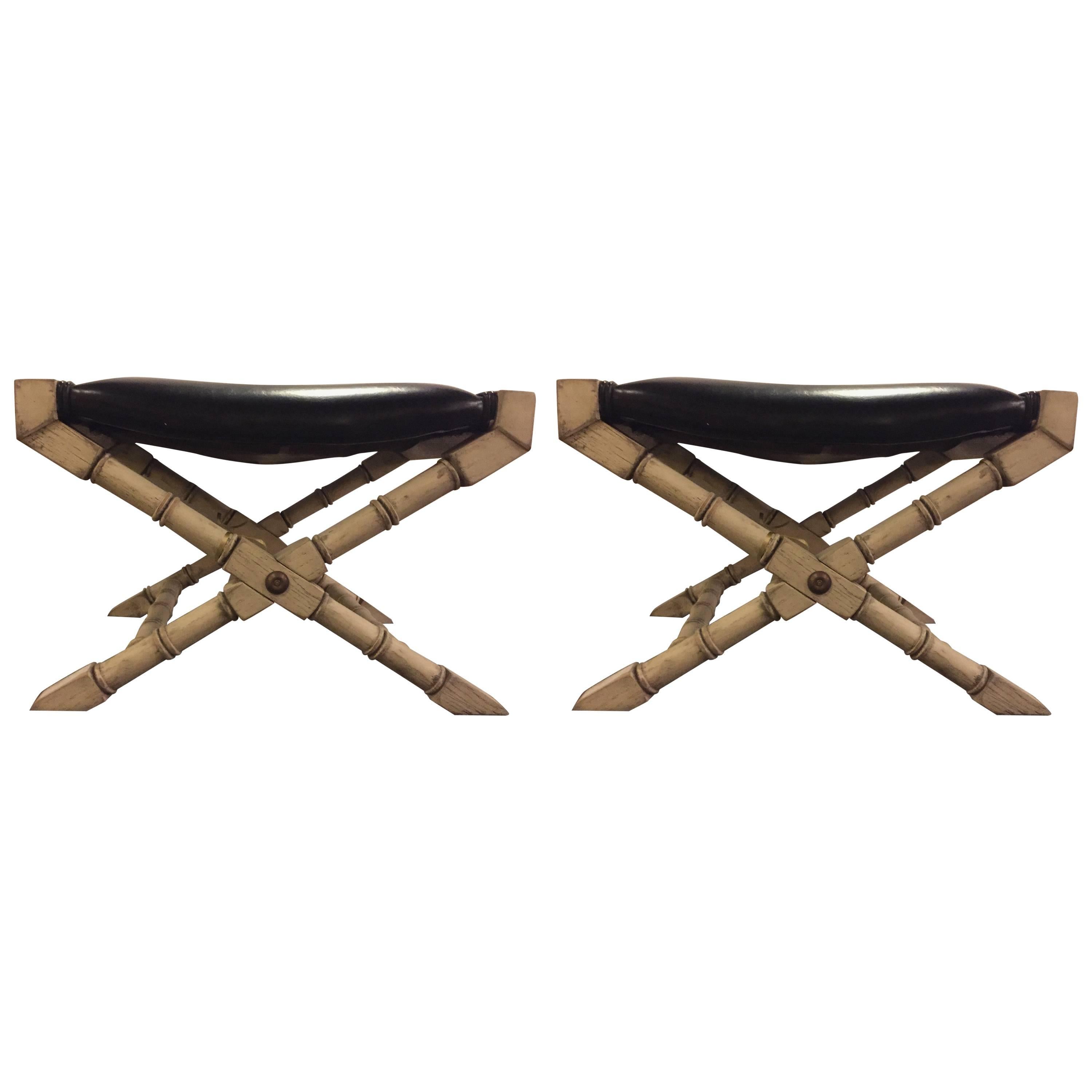 Pair of Hollywood Regency Style Faux Bamboo X-Form Benches