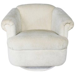 Barrel Shaped off White Vintage Swivel Club Chair with Rolled Arms