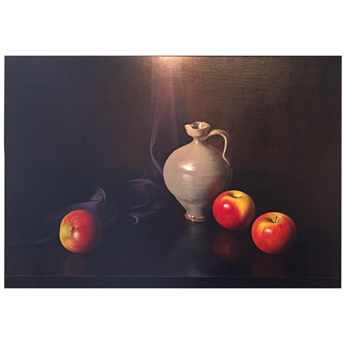 Large 20th Century Oil on Canvas, Still Life of Apples and a Pottery Wine Jug For Sale