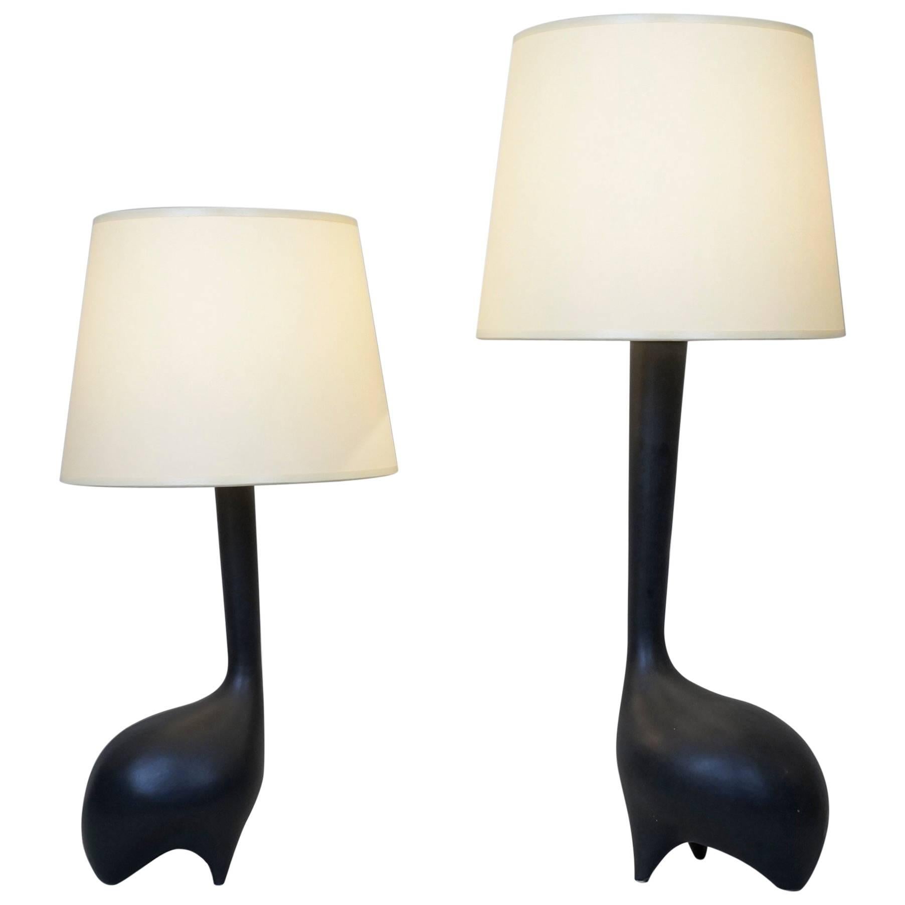 Mid-20th Century Pair of Zoomorphic Black Satin Ceramic Table Lamps