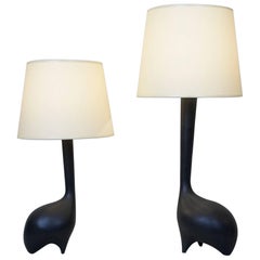 Mid-20th Century Pair of Zoomorphic Black Satin Ceramic Table Lamps