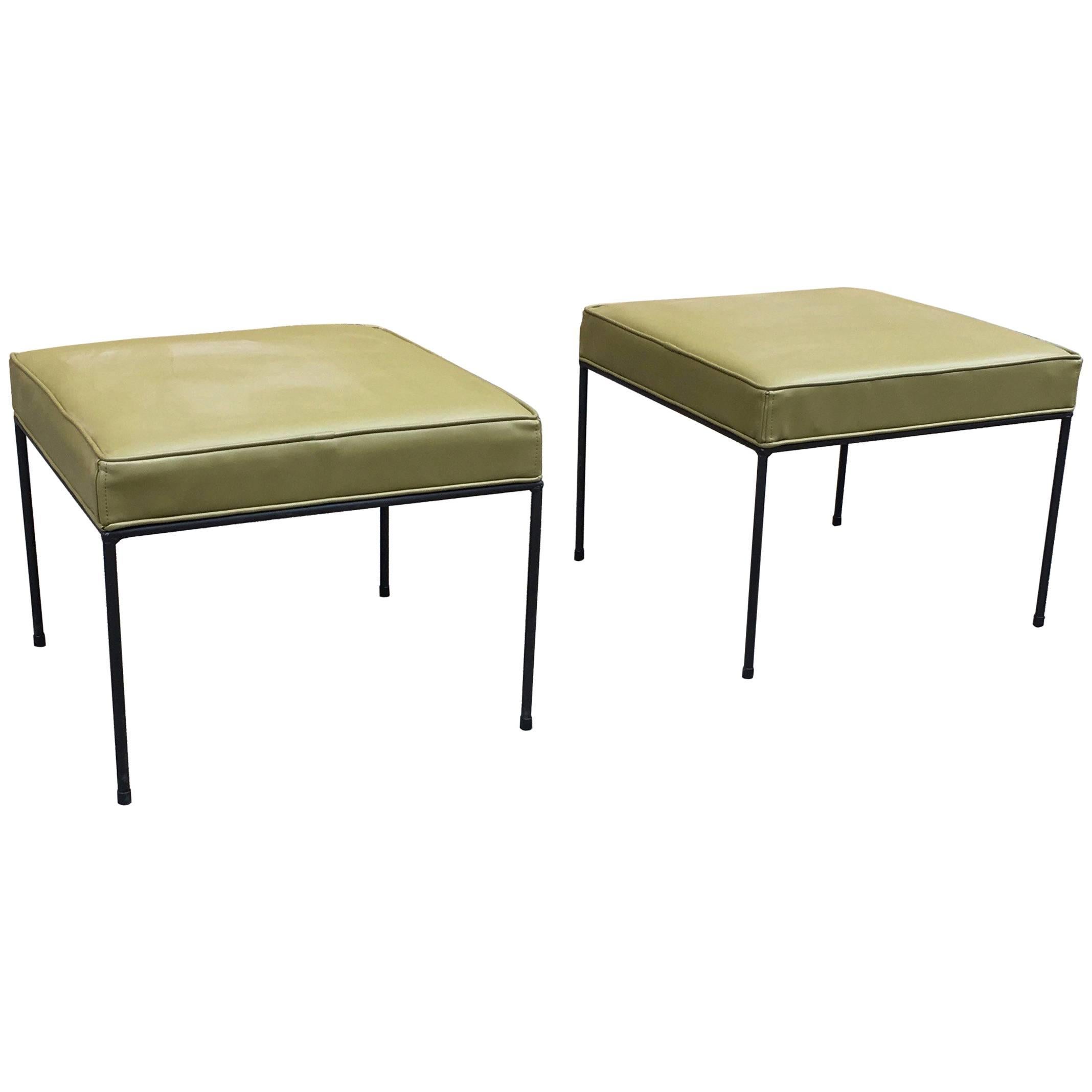 Paul McCobb Square Wrought Iron and Olive Green Vinyl Ottomans