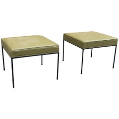 Paul McCobb Square Wrought Iron and Olive Green Vinyl Ottomans 2