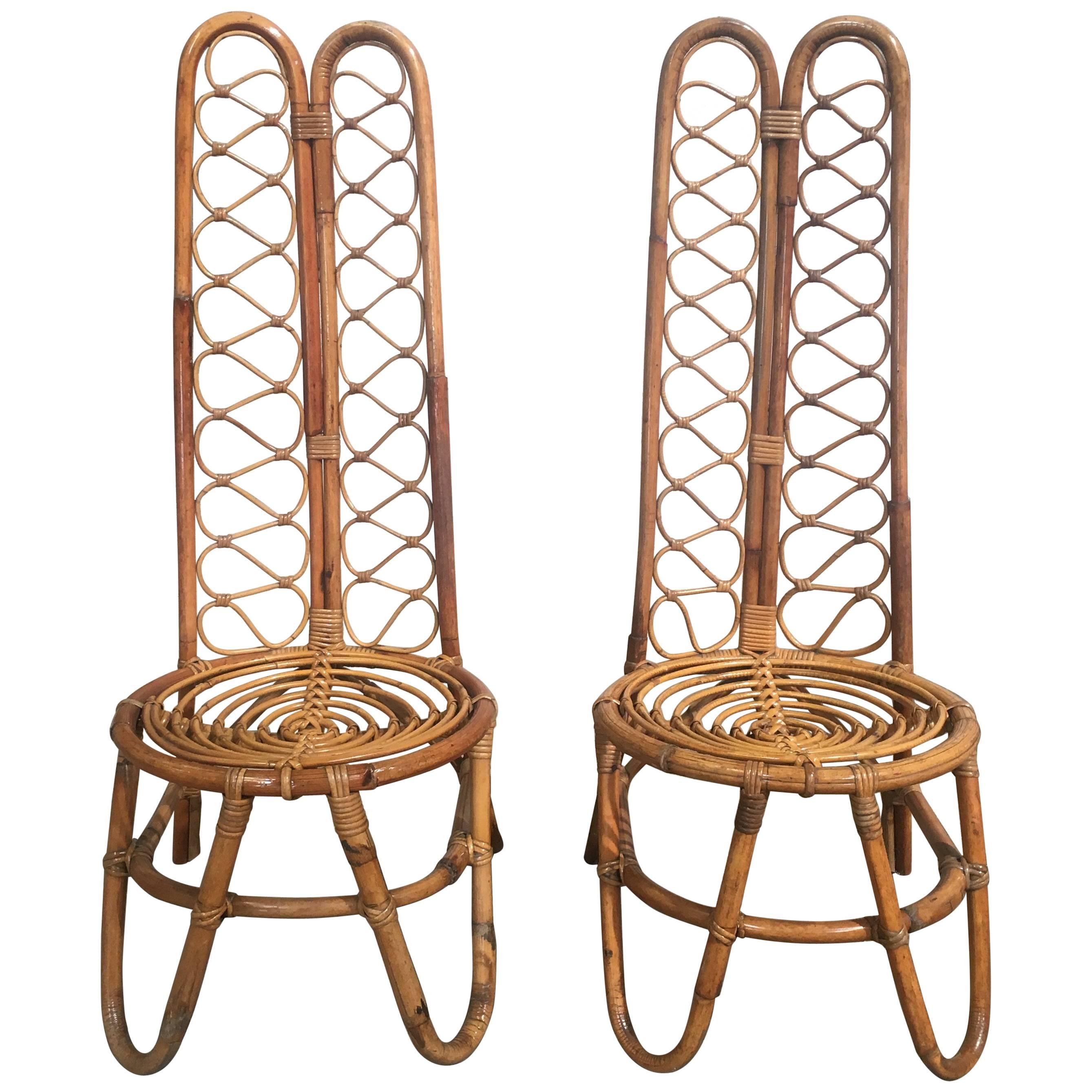 Pair of French Riviera Midcentury Bamboo Chairs with High Back from 1970s
