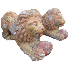 Pair of Polychrome Cement Lions