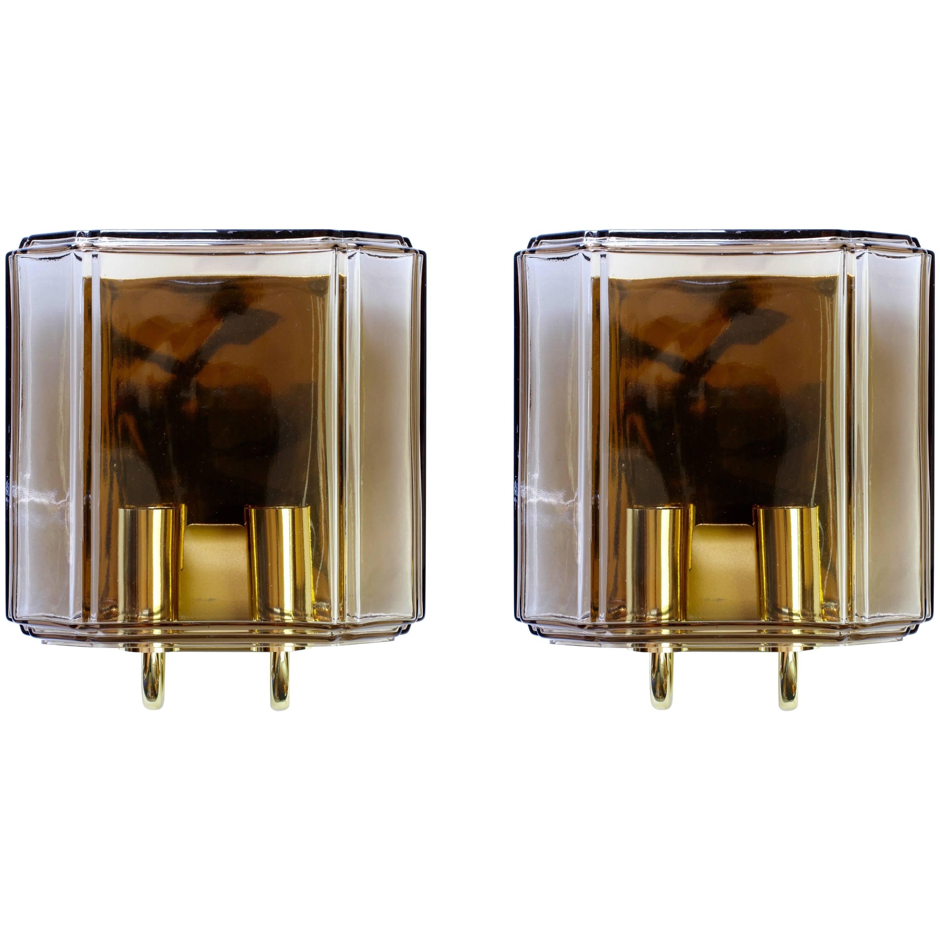 Vintage 1970s Pair of Smoked Topaz Glass Wall Mounted Sconces by Limburg Germany