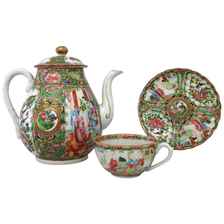 Antique Chinese Qing Rose Medallion Porcelain Teapot Single Teacup and
