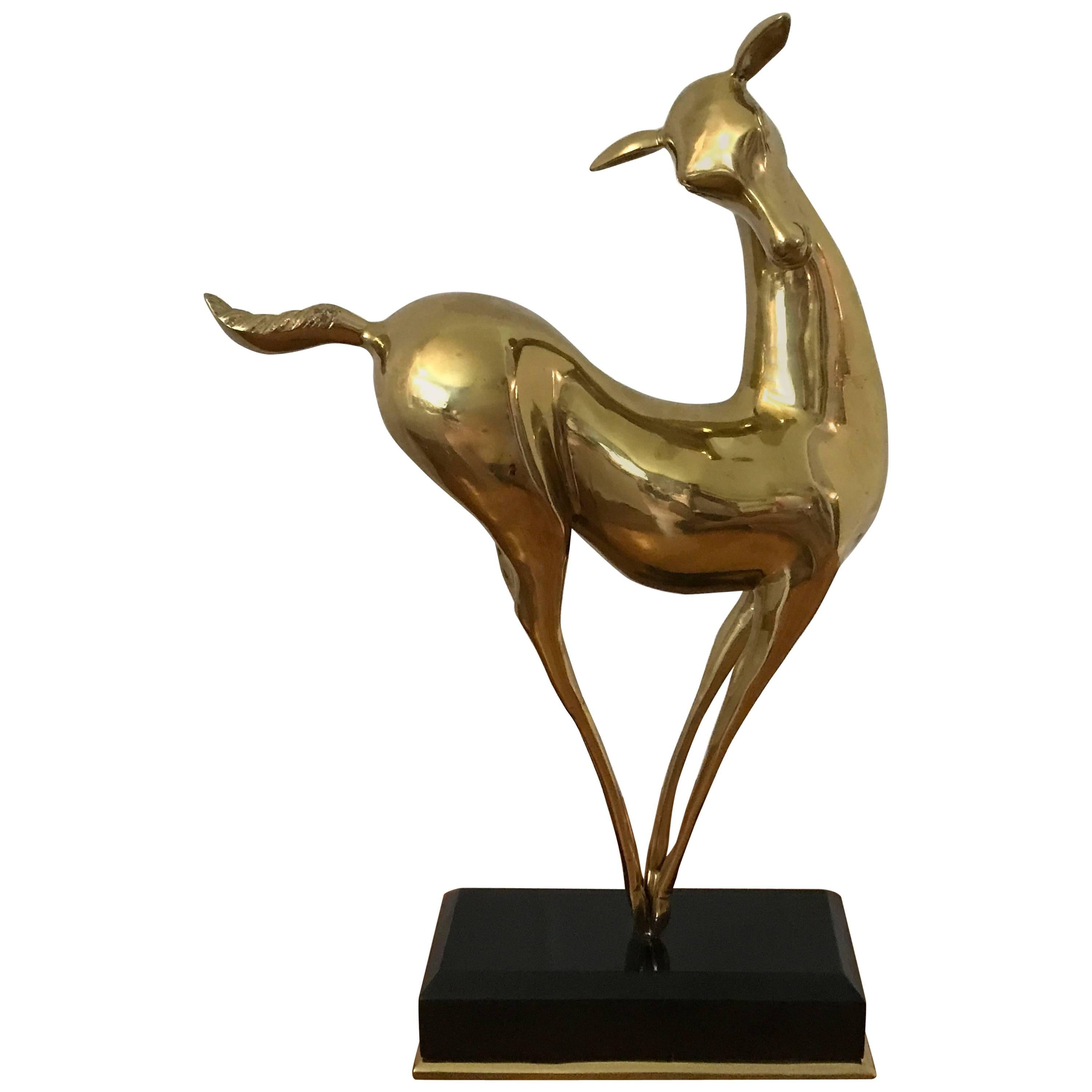 1960s Italian Brass Deer Sculpture on Lacquered Stand