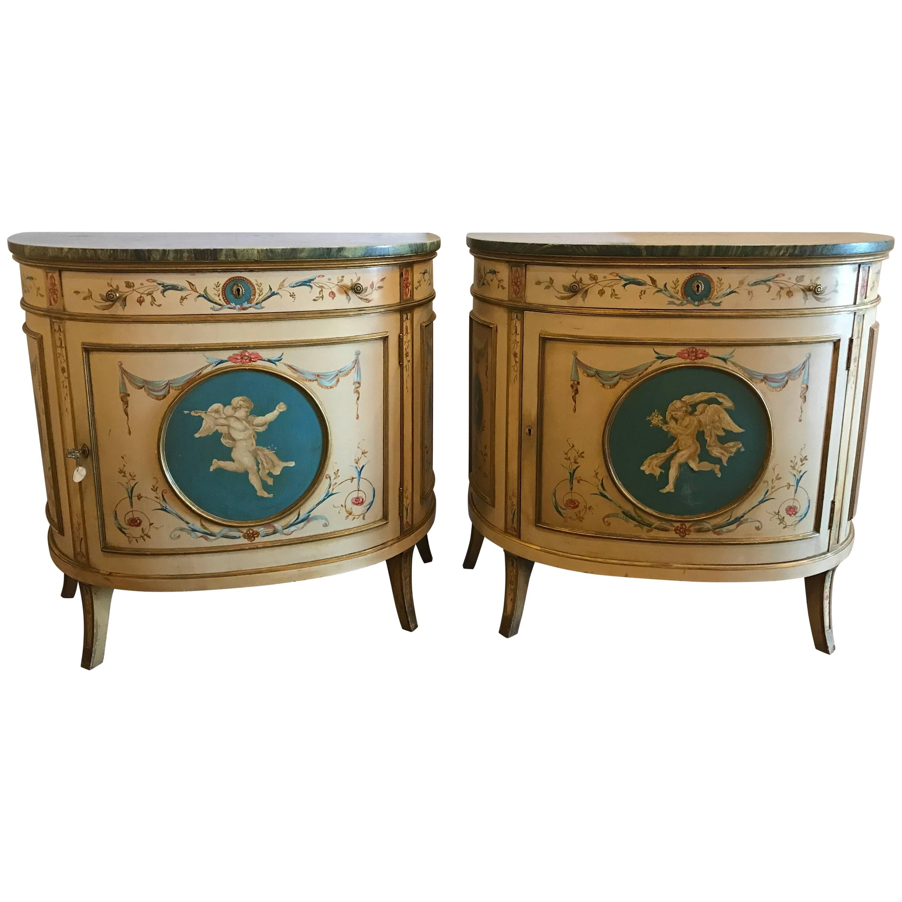 Pair of Adams Style Demilune Painted Commodes or Bedside Chests