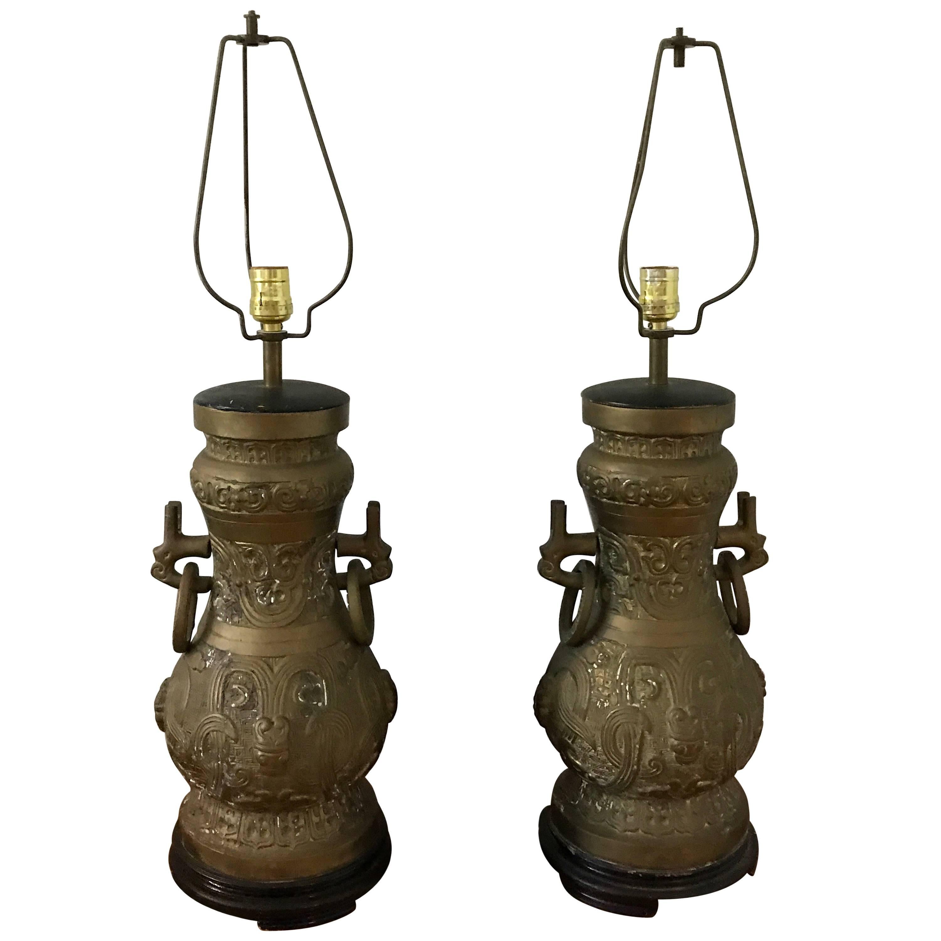 1970s James Mont Style Bronze Asian Lamps, Pair